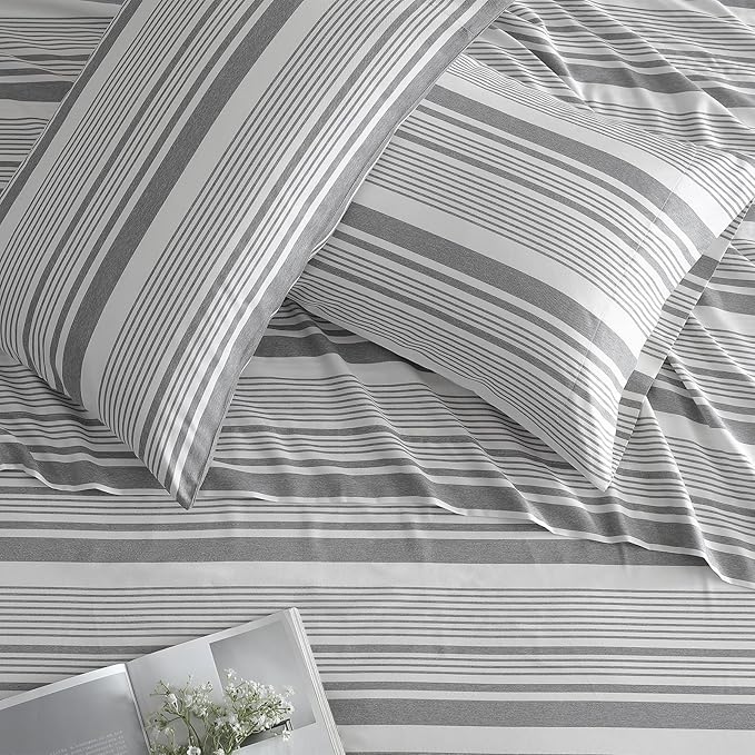 ClevaHome Classic Stripe Sheet Set - 4 Pieces Super Soft & Breathable Bed Sheet Set with Deep Pocket, Enhanced Comfort & Easy Care (Queen, Stone Stripe)