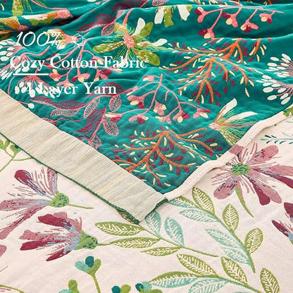 Boho Throw Blanket for Bed, 100% Cotton Soft Rustic Quilt Fall Blanket, 50"x60" Green Floral Printed Farmhouse Decor Bed Blankets, All Season Rustic Reversible Bohemian Throw Quilt
