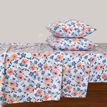 Feather & Stitch Softest 100% Cotton Sheets, 300 Thread Count Percale Weave Bedding, 16" Deep Pocket, Cooling Sheets, Breathable Bed Set, Hotel Premium Quality (Queen, Daisy Delight)