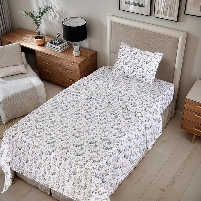 RUVANTI 100% Cotton Sheets – Twin Size Percale Bedding, Cooling & Breathable Floral Design, Durable with a Crisp, Soft & Comfortable Feel, 16" Deep Pocket, 3-Piece Set, Heritage