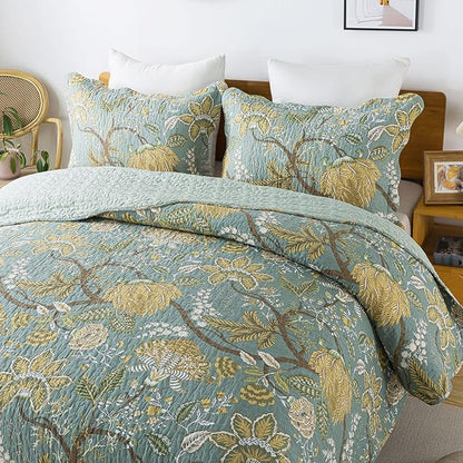 Travan 3-Piece Quilt Set Quilted Bedspread Cotton Coverlet Set Floral Printed Oversized Quilted Bedding Set with Shams for All Season, Green Vine, King Size