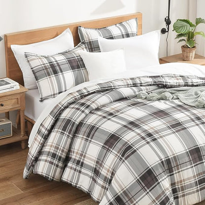 Andency Gray Brown Black Plaid Comforter Set Full(79x90Inch), 3 Pieces Grid Gingham Stripes Bedding Comforter Sets for Boys Girls Kids Teens, Preppy Geometric Line Soft Lightweight Reversible Bed Set