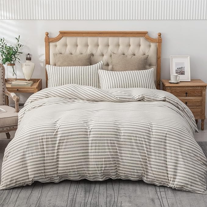 PURE ERA Jersey Knit Duvet Cover Set 100% T-Shirt Heather Cotton Super Soft Comfy Classic Striped with Zipper Closure, Grey & White Stripe, California King