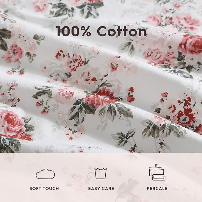 Laura Ashley - Full Sheets, Cotton Percale Bedding Set, Lightweight & Breathable Home Decor (Ashfield Pink, Full)