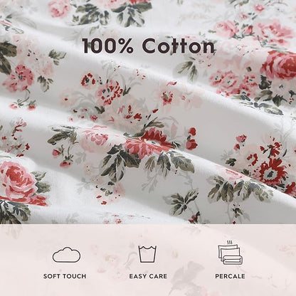 Laura Ashley - Full Sheets, Cotton Percale Bedding Set, Lightweight & Breathable Home Decor (Ashfield Pink, Full)