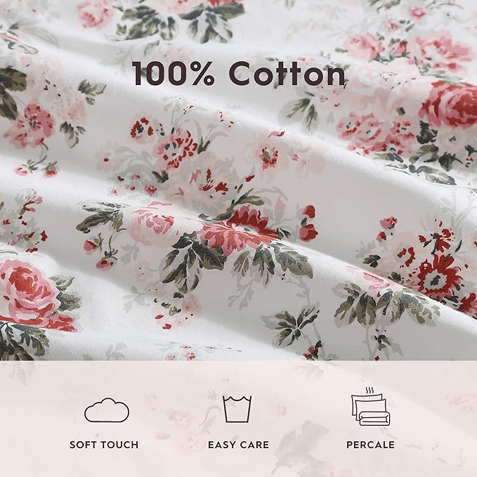 Laura Ashley - Queen Sheets, Cotton Percale Bedding Set, Lightweight & Breathable Home Decor (Ashfield Pink, Queen)