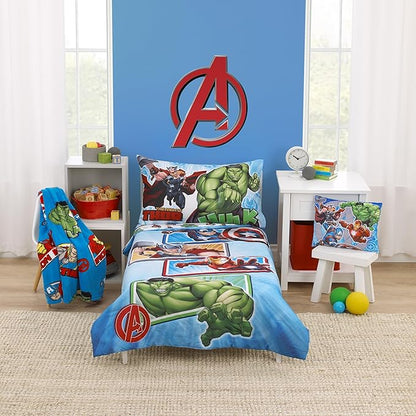 NoJo Marvel The Avengers I Am A Hero Blue, Green, Red, and Yellow 4 Piece Toddler Bed Set - Comforter, Fitted Bottom Sheet, Flat Top Sheet, and Reversible Pillowcase