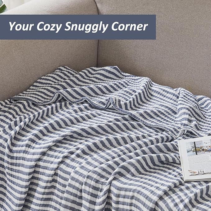 EMME Cotton Muslin Large Throw Blanket Couch Breathable Gauze Soft Lightweight Bed Blankets Adults (Striped Navy, 50"x70")