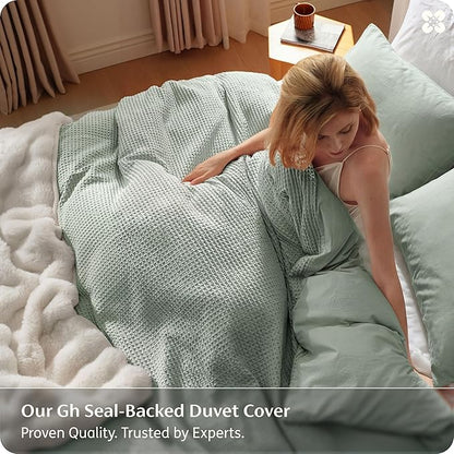 Bedsure Cotton Duvet Cover King Size - 100% Cotton Waffle Weave Sage Green Duvet Cover, PureWoven Textured Breathable Bedding Comforter Cover for All Season, 1 Duvet Cover Only 104"x90"