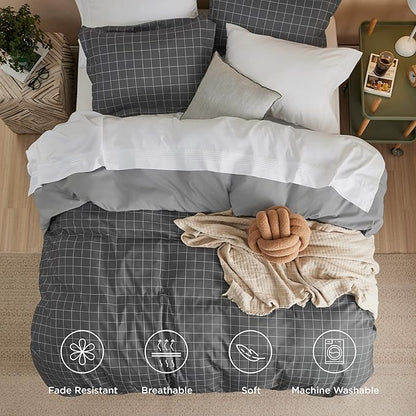 Bedsure Duvet Cover Twin Size - Reversible Plaid Duvet Cover Set with Zipper Closure, 2 Pieces Dark Grey Bedding Set with 8 Corner Ties and 1 Pillow Sham 20"x26"