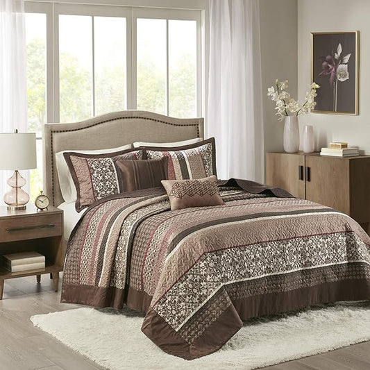 Madison Park Princeton Reversible Quilted Bedspread Set, Solid Reverse Summer Breathable, Lightweight All Season Bedding Layer, Matching Shams, Bedspread Queen(102"x118"), Red 5 Piece