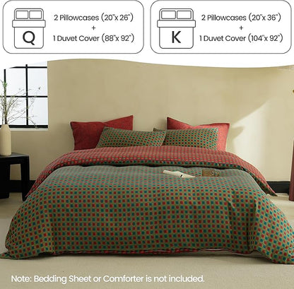 BISELINA 100% Cotton Muslin Duvet Cover Set Queen, 3 Pcs Yarn-Dyed Jacquard Textured Vintage Geometric Checkered Pattern, Soft and Breathable Bedding Set with Zipper Closure, Green Red