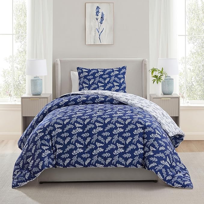 Nestl Twin/Twin XL Comforter Set - Majestic Blue Bed in a Bag Twin, 2 Pieces Reversible Bed Set, Soft Floral Bedding Set for College Dorm, All Season Botanical Comforters with Pillow Sham