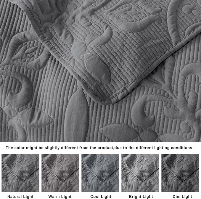 B2EVER Dark Grey Damask Quilt King Size Bedding Sets with 2 Pillow Shams, Boho Bedspread Lightweight Soft Farmhouse Vintage Bohemian Coverlet Retro Jacquard Pattern Bed Cover for All Season, 3 Pieces
