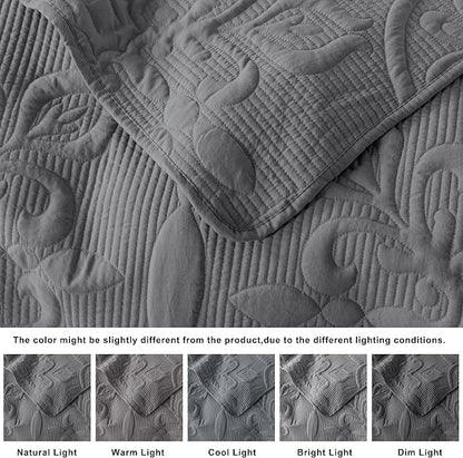 B2EVER Dark Grey Damask Quilt King Size Bedding Sets with 2 Pillow Shams, Boho Bedspread Lightweight Soft Farmhouse Vintage Bohemian Coverlet Retro Jacquard Pattern Bed Cover for All Season, 3 Pieces