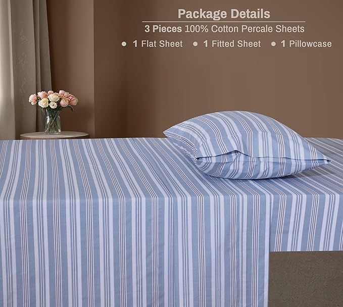 ZOYER 100% Cotton Sheets – Twin XL Size Percale Bedding, Cooling & Breathable, Durable with a Crisp, Soft & Comfortable Feel, 16" Deep Pocket, 3-Piece Set, Nautica Herringbone