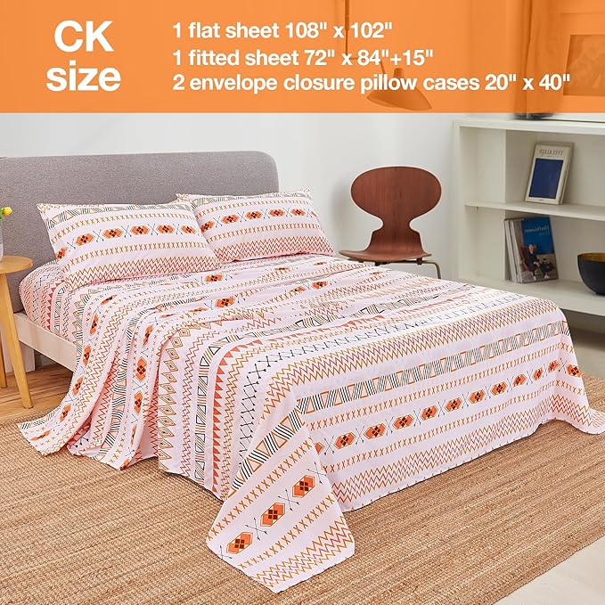 JSD Orange Boho Sheet Set Cal King, Soft Geometric Printed Microfiber Sheets Extra Deep Pocket Wrinkle Free