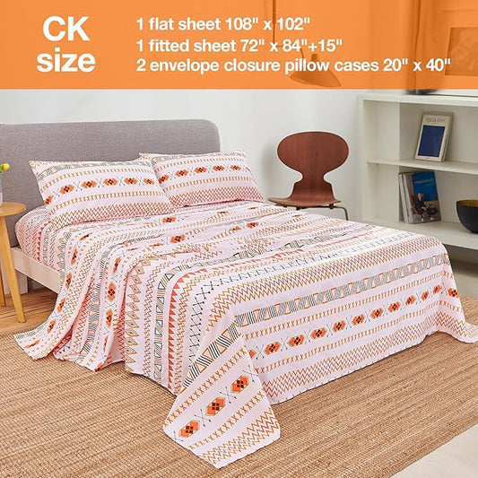 JSD Orange Boho Sheet Set Cal King, Soft Geometric Printed Microfiber Sheets Extra Deep Pocket Wrinkle Free