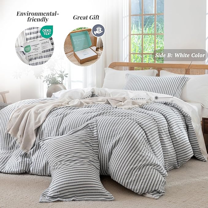 MILDLY Charcoal Striped Duvet Cover - 100% Washed Cotton Jacquard Textured Comforter Cover with Dual Zipper Closure & 8 Coner Ties