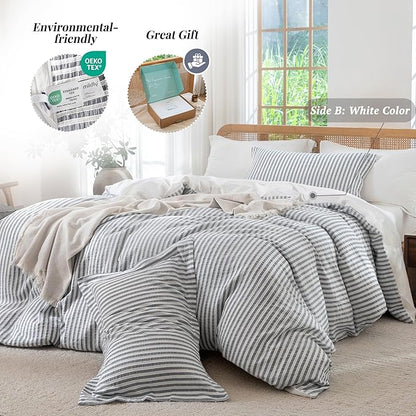 MILDLY Charcoal Striped Duvet Cover - 100% Washed Cotton Jacquard Textured Comforter Cover with Dual Zipper Closure & 8 Coner Ties