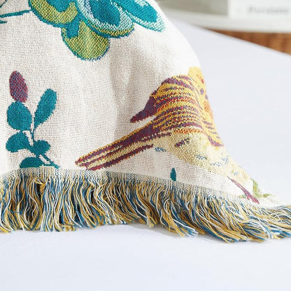 Boho Throw Blanket for Bed 60”x80”, 100% Cotton Woven Blanket for Couch Sofa, Ultra Soft 4-Layer Muslin Quilt with Floral Printed, Farmhouse Bed Blanket/Cover for Living Room Decor