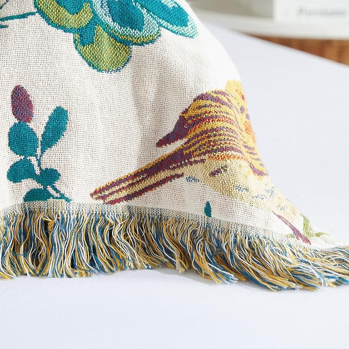 Boho Throw Blanket for Bed 90”x98”, 100% Cotton Woven Blanket for Couch Sofa, Ultra Soft 4-Layer Muslin Quilt with Floral Printed, Farmhouse Bed Blanket/Cover for Living Room Decor
