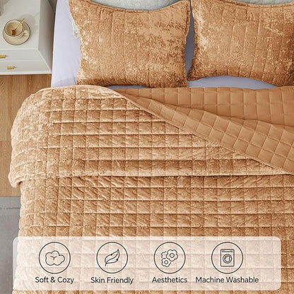 BEDELITE Velvet Quilt Set Queen Size - Luxury Velvet Comforter Bedding Set 3 Pieces, Lightweight Soft Cozy Shiny Rusty Burnt Orange Oversized Bedspread Coverlet for All Seasons with 2 Pillow Shams