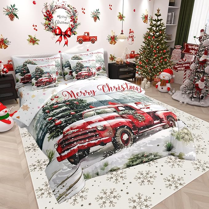 Castle Fairy Merry Christmas Comforter Set 7 Pieces,Red Truck Snowman Bed Set for Adults,Winter Pine Tree Bedding Queen with 1 Comforter,1 Fitted Sheet,1 Flat Sheet,2 Pillowcases,2 Throw Pillow Cover