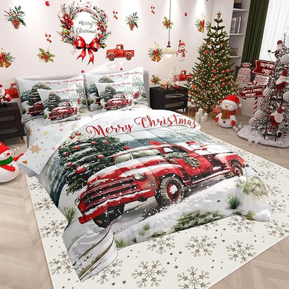 Castle Fairy Merry Christmas Comforter Set 7 Pieces,Red Truck Snowman Bed Set for Adults,Winter Pine Tree Bedding Queen with 1 Comforter,1 Fitted Sheet,1 Flat Sheet,2 Pillowcases,2 Throw Pillow Cover