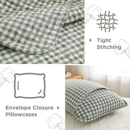 TOCOMOA Green Brown Gingham Quilt Bedding Set 100% Washed Cotton Bedspread Coverlet Like Linen Feel Soft Comfy Breathable 3 Pcs Plaid Checkered Lightweight Comforter Set for All Season, Queen 96"x90"