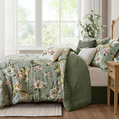Madison Park Vintage Floral Reversible Comforters King Size Bed, All Season, Down Alternative Bedding Comforter, Bedskirt, Pillows, Shams, Salara, Cal King Green 7 Piece | Reversible