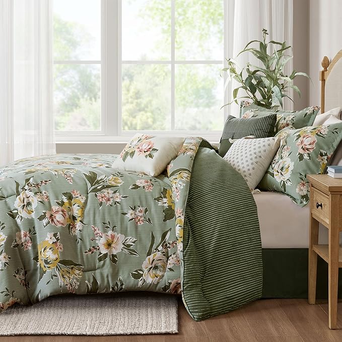 Madison Park Vintage Floral Reversible Comforters King Size Bed, All Season, Down Alternative Bedding Comforter, Bedskirt, Pillows, Shams, Salara, Queen Green 7 Piece | Reversible