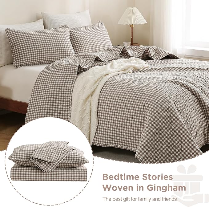 TOCOMOA Tan Gingham Quilt Bedding Set 100% Washed Cotton Bedspread Coverlet Like Linen Feel Soft Comfy Breathable 3 Piece Brown Plaid Checkered Lightweight Comforter Set for All Season, Queen 96"x90"