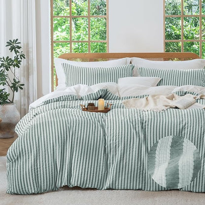 MILDLY Green Striped Duvet Cover - 100% Washed Cotton Jacquard Textured Comforter Cover with Dual Zipper Closure & 8 Coner Ties