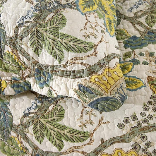 DURLENGEN Forest 100% Cotton Queen Quilt 3Pcs,Bohemian Reversible Leaves & Flowers Pattern on White, Luxury Lightweight Coverlet Sets for All Season(Queen 90x96,Forest)
