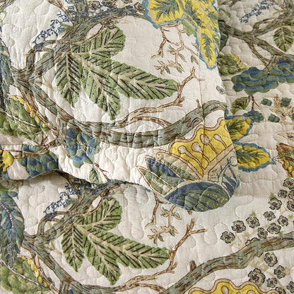 DURLENGEN Forest 100% Cotton King Quilt 3Pcs,Bohemian Reversible Leaves & Flowers Pattern on White, Luxury Lightweight Coverlet Sets for All Season(King 106x96,Forest)