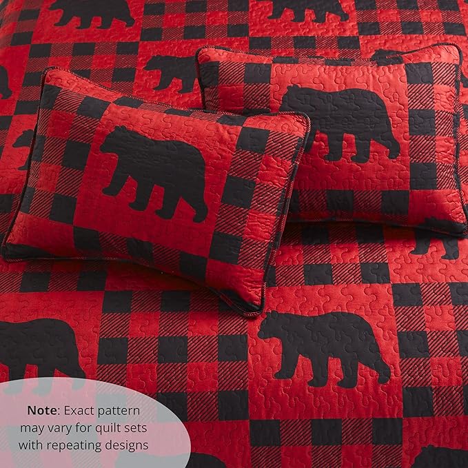 Virah Bella 2 Piece Twin Lodge Quilt Bedding Set - Buffalo Bear Plaid Red - Rustic Cabin Country Reversible Camping Comforter Set with Decorative Pillow Shams, Red/Black