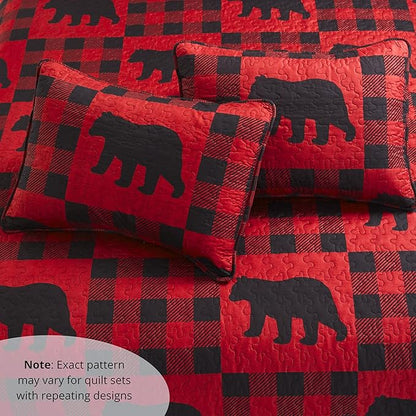 Virah Bella 2 Piece Twin Lodge Quilt Bedding Set - Buffalo Bear Plaid Red - Rustic Cabin Country Reversible Camping Comforter Set with Decorative Pillow Shams, Red/Black