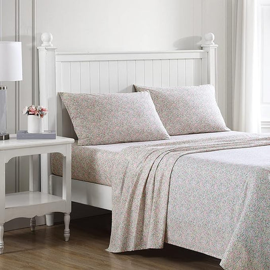 Laura Ashley - Twin XL Size Sheet Set, Crisp & Cool Sheets w/a Naturally Smooth Cotton Percale Feel, Deep Pocket, Bed Sheets with Matching Fitted Sheet & Pillowcase (Loveston Pink)