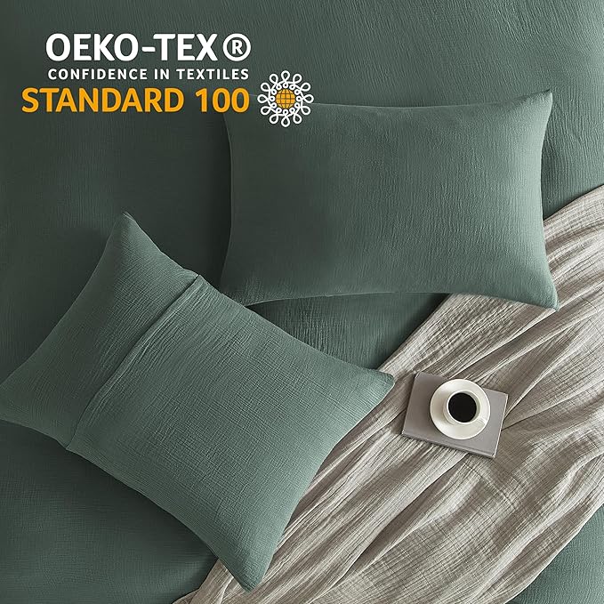 SE SOFTEXLY Muslin Duvet Cover Queen Size, 100% Washed Cotton Duvet Cover Set, Ultra Soft Comforter Cover Linen Like, 3 Pieces Minimalist Gauze Duvet Cover with 2 Pillowcases, 90"x90", Forest Green