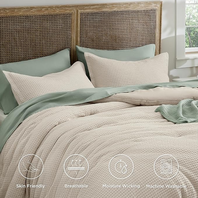 Bedsure Waffle Comforter Set Twin, Beige Soft Bedding, Waffle Weave Bed Set, 2 Pieces, 1 Comforter (68"x90") and 1 Pillow Sham, Cotton Shell and Polyester Lining for All Seasons