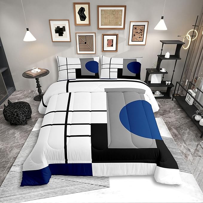 Erosebridal White Black Blue Striped Bedding Set Full Size Boho Modern Geometric Abstract Comforter Set for Adult Women Men Stripes Lines Bed Sets Minimalist Square and Circle Quilt Sets