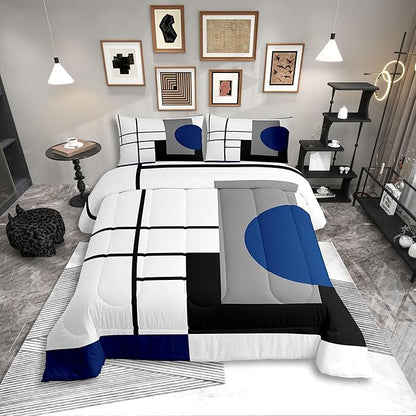 Erosebridal White Black Blue Striped Bedding Set Full Size Boho Modern Geometric Abstract Comforter Set for Adult Women Men Stripes Lines Bed Sets Minimalist Square and Circle Quilt Sets