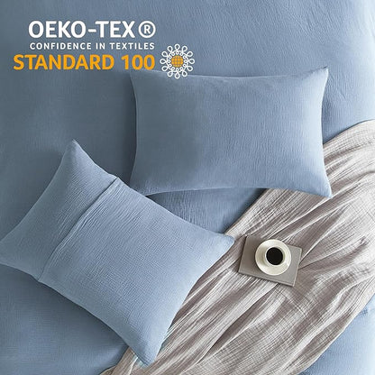SE SOFTEXLY Muslin Duvet Cover King Size, 100% Washed Cotton Duvet Cover Set, Ultra Soft Comforter Cover Linen Like, 3 Pieces Minimalist Gauze Duvet Cover with 2 Pillowcases, 90"x104", Blue