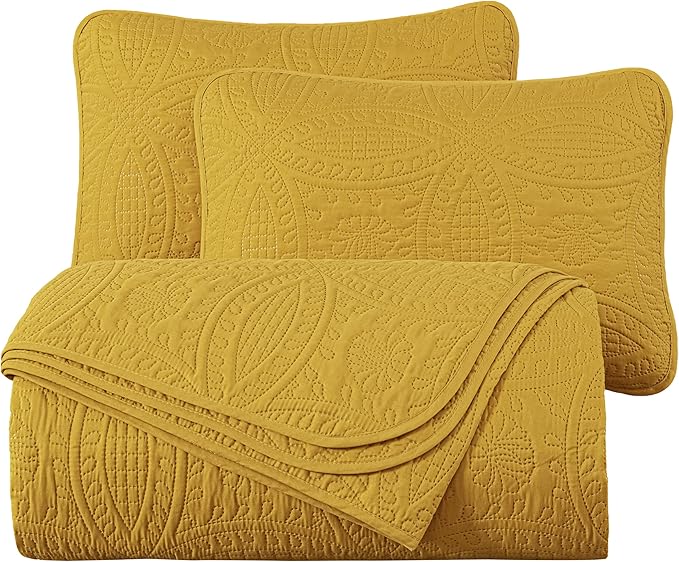 Chezmoi Collection Austin Queen Bedspread Set 3-Piece Pinsonic Quilted Oversized Bedspread Coverlet Set, Queen, Mustard | Oversized, Lightweight, Fade Resistant
