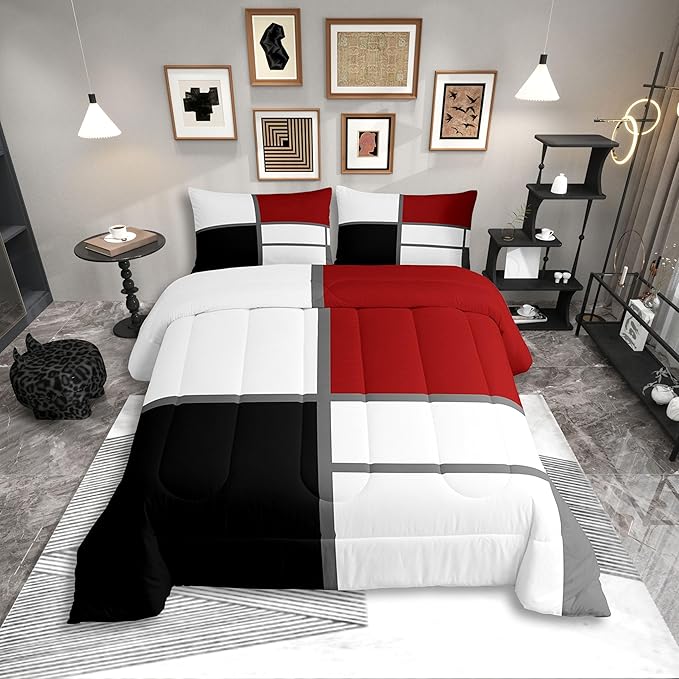 Erosebridal Geometric Abstract Toddler Comforter Red and White Striped Bedding Set Square Grid Duvet Insert Modern Art Patchwork Bed Sets for Minimalist