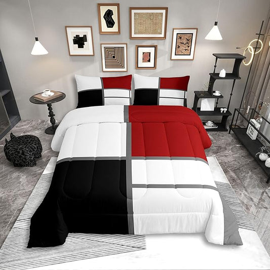 Erosebridal Geometric Abstract Bedding Set Full Size Red and White Striped Comforter Set for Adult Women Men Square Grid Bed Sets Modern Art Patchwork Duvet Quilt Sets for Minimalist