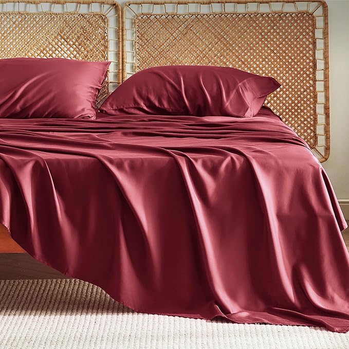 Bedsure Queen Sheet Set, Rayon Derived from Bamboo, Cooling Sheets, PureWoven, Breathable & Soft, Deep Pocket Up to 16 Inches, Hotel Luxury Silky Bedding for Hot Sleepers, Burgundy