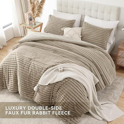 Smoofy Fluffy Full Size Comforter Sets 3 Pieces - Linen Fleece Fluffy Comforter Set, Luxury Fuzzy Full Bedding Set, Soft Comforter Full Size All Season, Heavy Faux Fur Comforter with 2 Pillow Cases