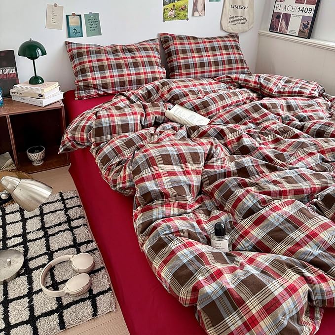 EAVD Vintage Red Brown Buffalo Plaid Duvet Cover Twin XL 100% Wasehd Cotton Plaid Bedding Set with Grid Checkered Pattern Farmhouse Gingham Duvet Cover with Zipper Closure 2 Pillowcases for All-Season